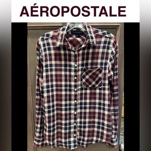 Aeropostale Flannel Small Pink Purple Navy Blue Plaid, Long Sleeve Aero